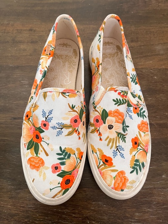 Keds Shoes - Keds Rifle Paper Company Floral Slip-On Sneakers - Orange, White & Green